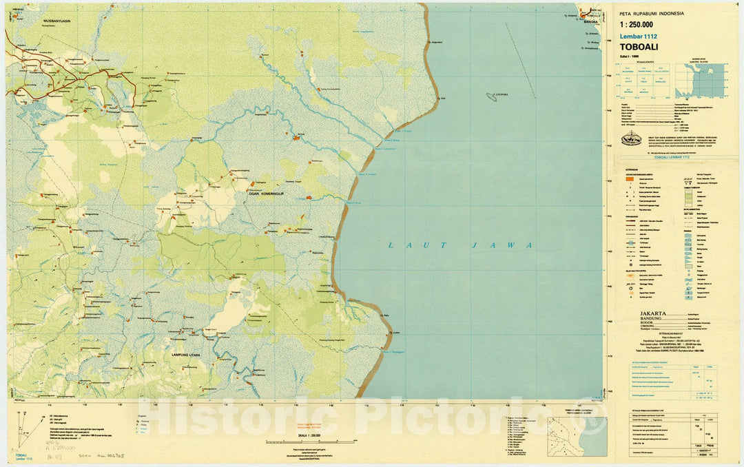 Map : Toboali, Indonesia 1986, Peta rupabumi Indonesia, 1:250,000 , Antique Vintage Reproduction