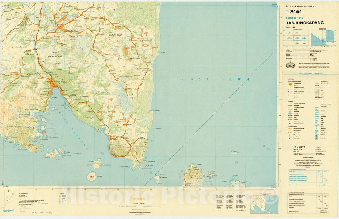 Map : Tanjungkarang, Indonesia 1986, Peta rupabumi Indonesia, 1:250,000 , Antique Vintage Reproduction