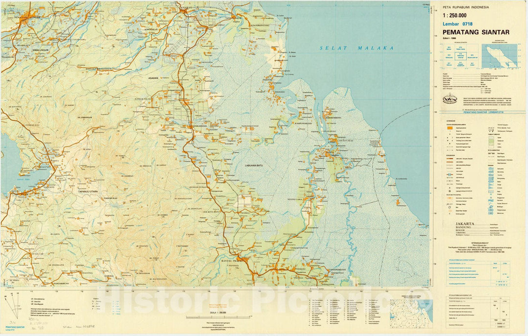 Map : Pematagn Siantar, Indonesia 1985, Peta rupabumi Indonesia, 1:250,000 , Antique Vintage Reproduction