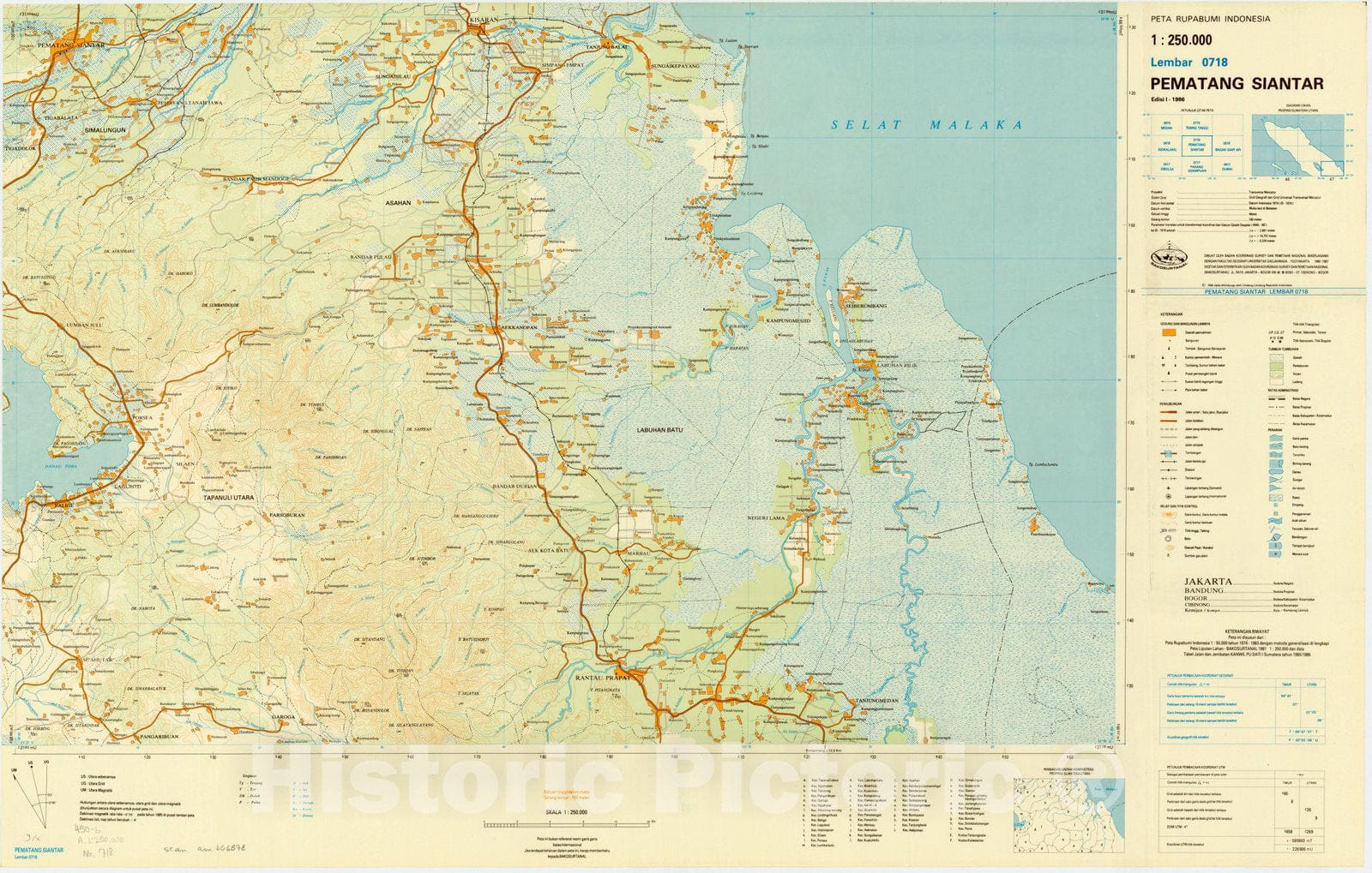 Map : Pematagn Siantar, Indonesia 1985, Peta rupabumi Indonesia, 1:250,000 , Antique Vintage Reproduction