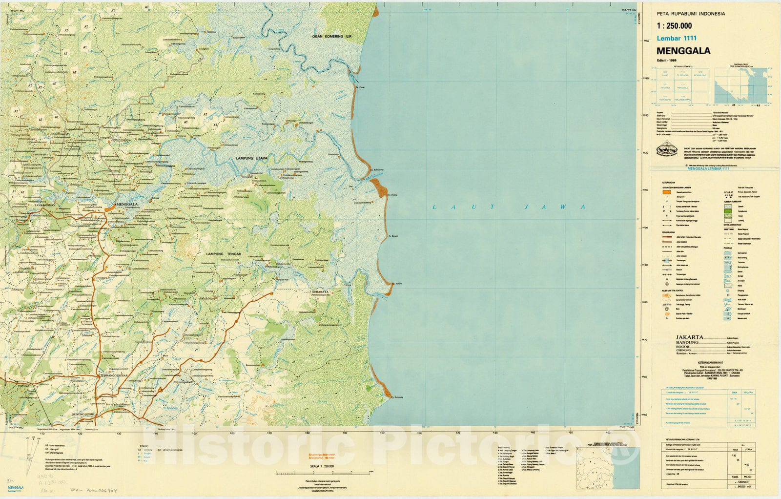 Map : Menggala, Indonesia 1986, Peta rupabumi Indonesia, 1:250,000 , Antique Vintage Reproduction