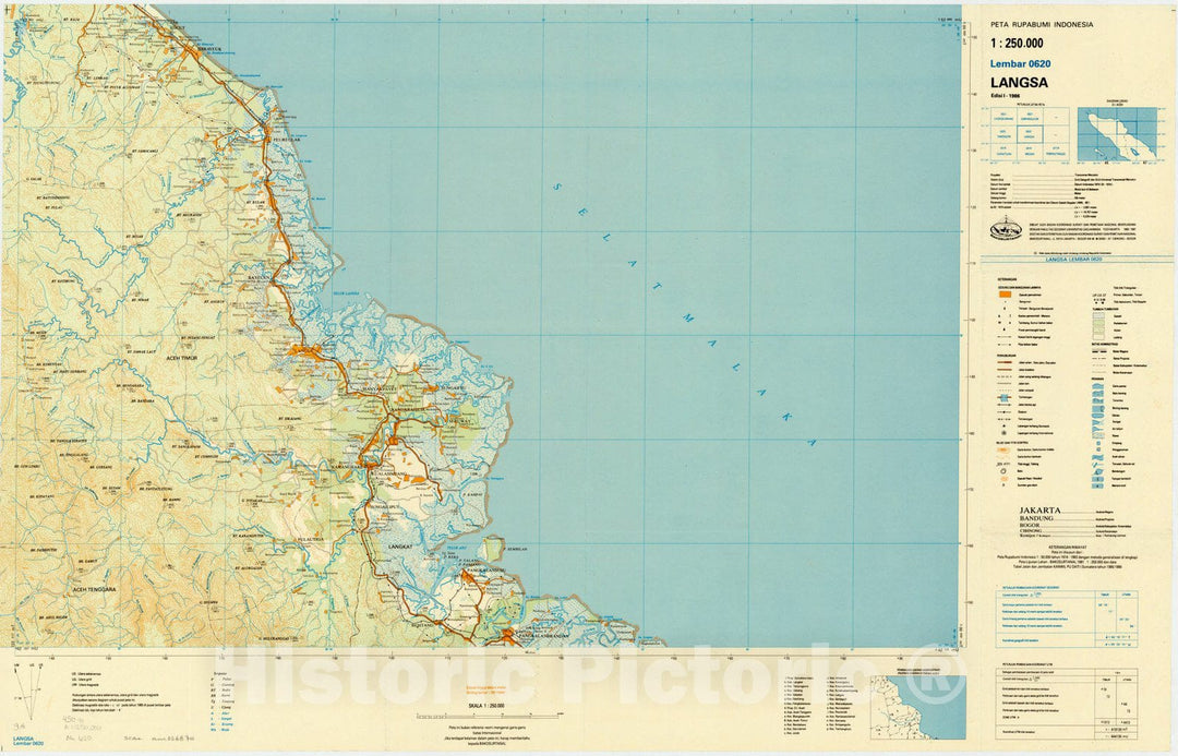 Map : Langsa, Indonesia 1985, Peta rupabumi Indonesia, 1:250,000 , Antique Vintage Reproduction