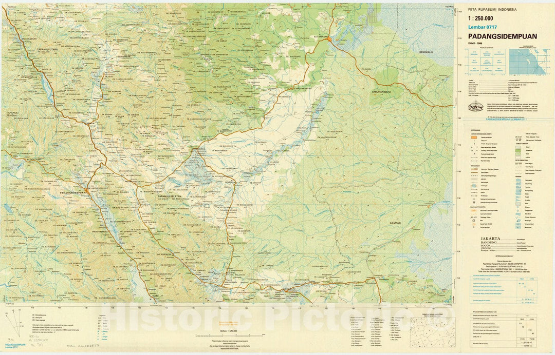 Map : Padangsidempuan, Indonesia 1985, Peta rupabumi Indonesia, 1:250,000 , Antique Vintage Reproduction