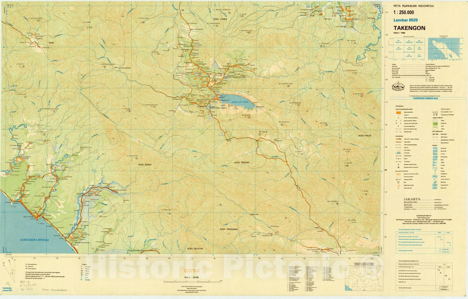 Map : Takengon, Indonesia 1985, Peta rupabumi Indonesia, 1:250,000 , Antique Vintage Reproduction