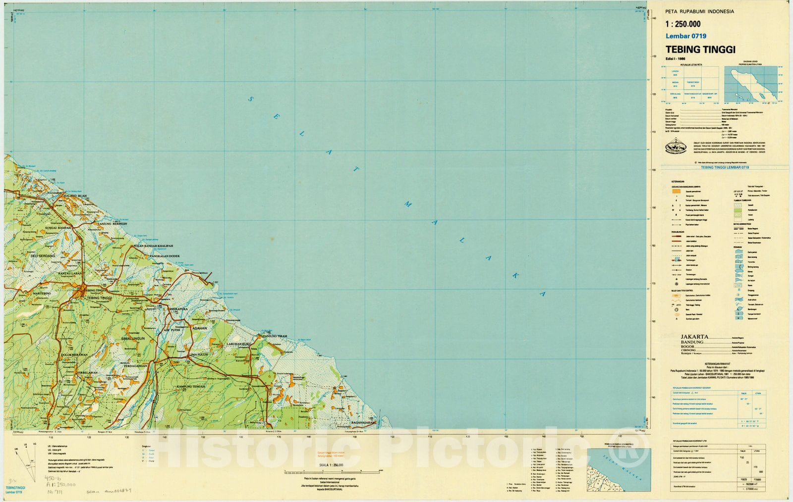 Map : Tebing Tinggi, Indonesia 1985, Peta rupabumi Indonesia, 1:250,000 , Antique Vintage Reproduction