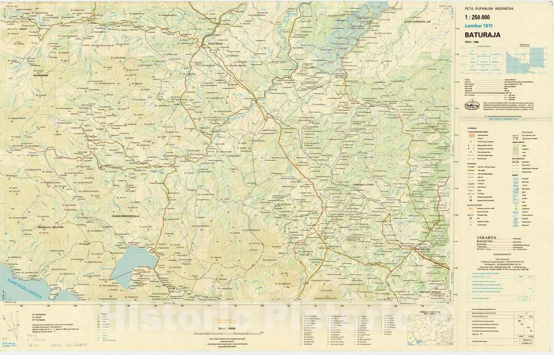 Map : Baturaja, Indonesia 1986, Peta rupabumi Indonesia, 1:250,000 , Antique Vintage Reproduction