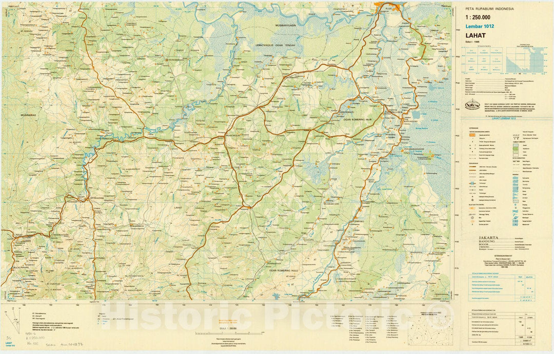 Map : Lahat, Indonesia 1986, Peta rupabumi Indonesia, 1:250,000 , Antique Vintage Reproduction