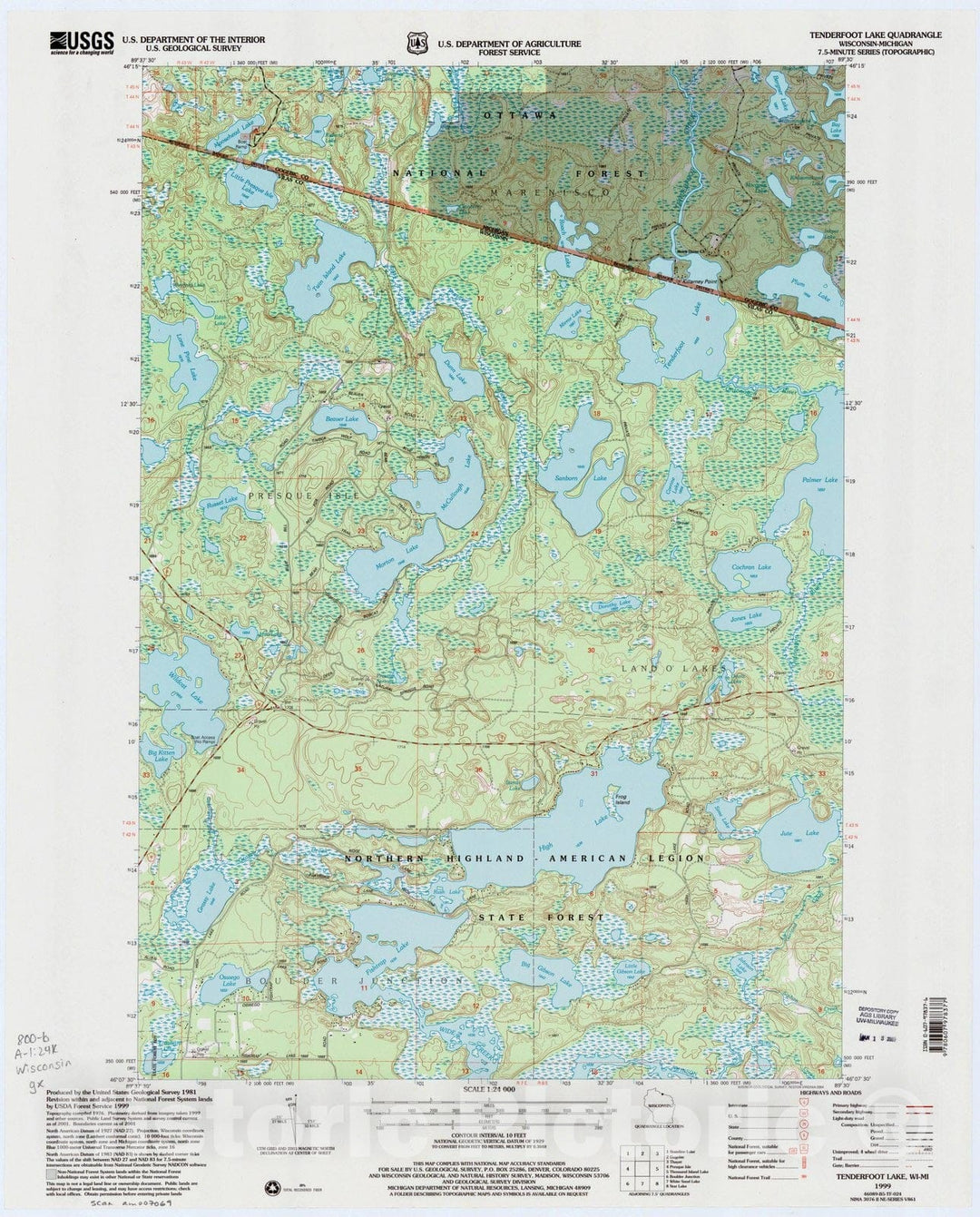 Map : Tenderfoot Lake, Wisconsin 1999, Tenderfoot Lake, WI-MI , Antique Vintage Reproduction