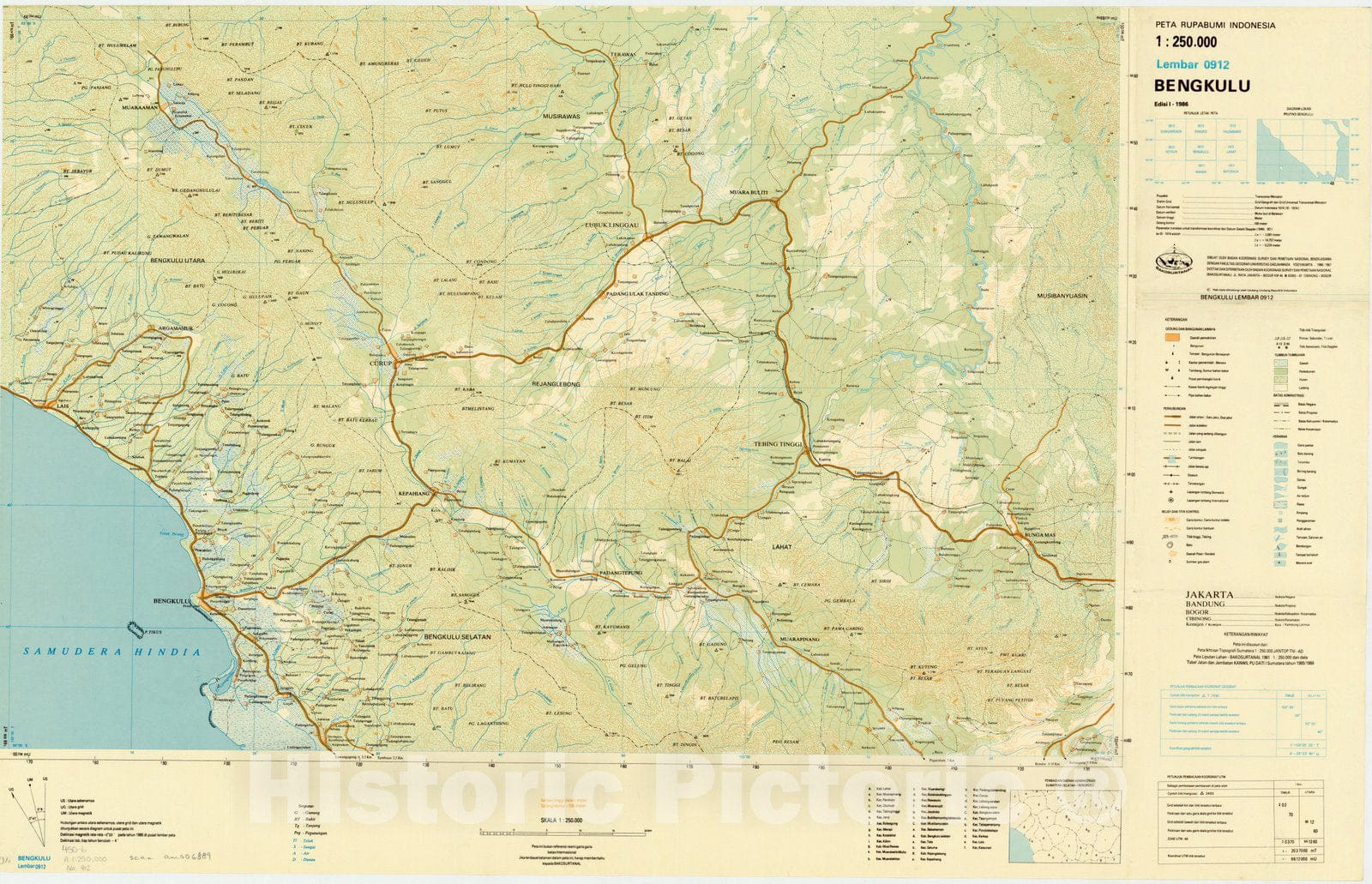 Map : Bengkulu, Indonesia 1985, Peta rupabumi Indonesia, 1:250,000 , Antique Vintage Reproduction