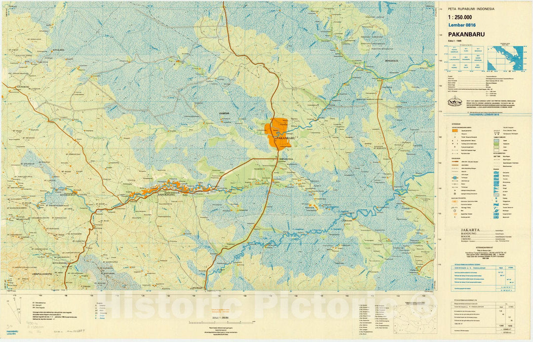 Map : Pakanbaru, Indonesia 1985, Peta rupabumi Indonesia, 1:250,000 , Antique Vintage Reproduction