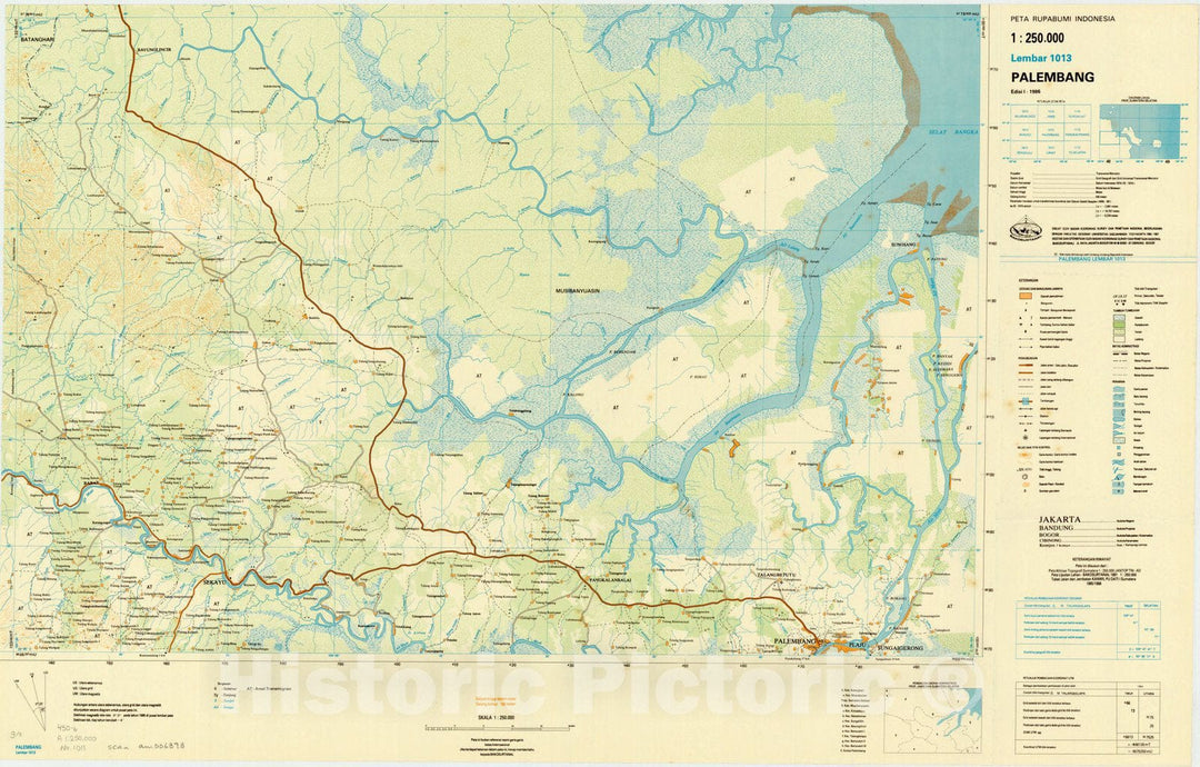 Map : Palembang, Indonesia 1986, Peta rupabumi Indonesia, 1:250,000 , Antique Vintage Reproduction