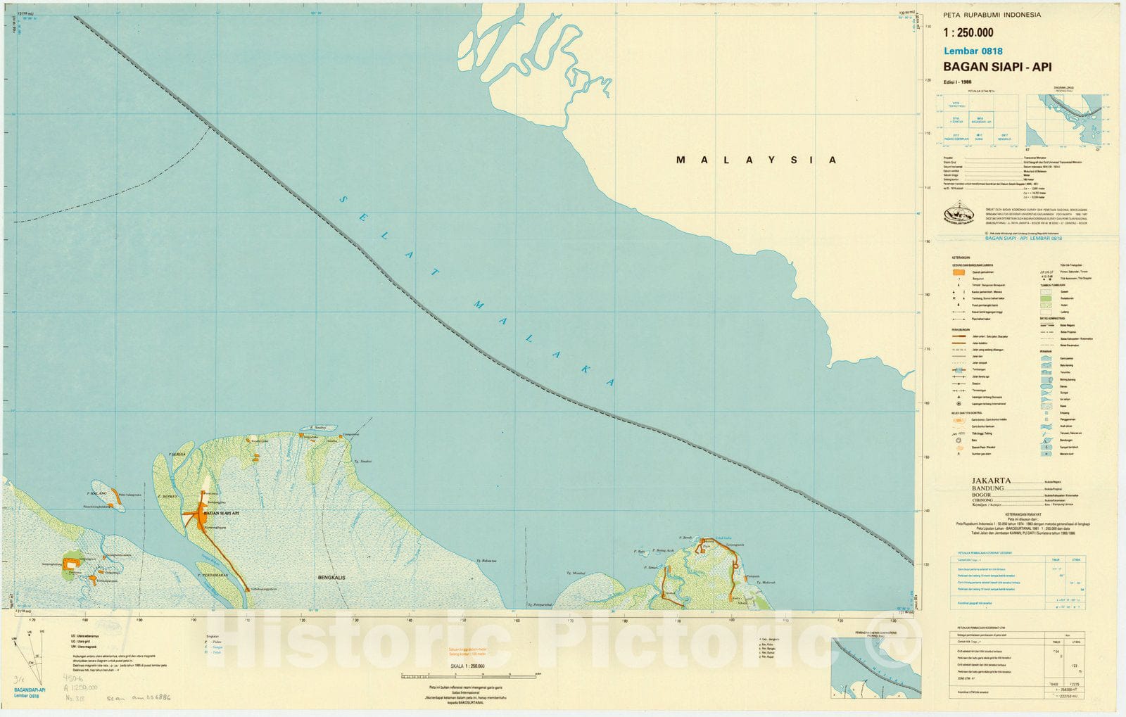 Map : Bagan Siapi-Api, Indonesia 1985, Peta rupabumi Indonesia, 1:250,000 , Antique Vintage Reproduction