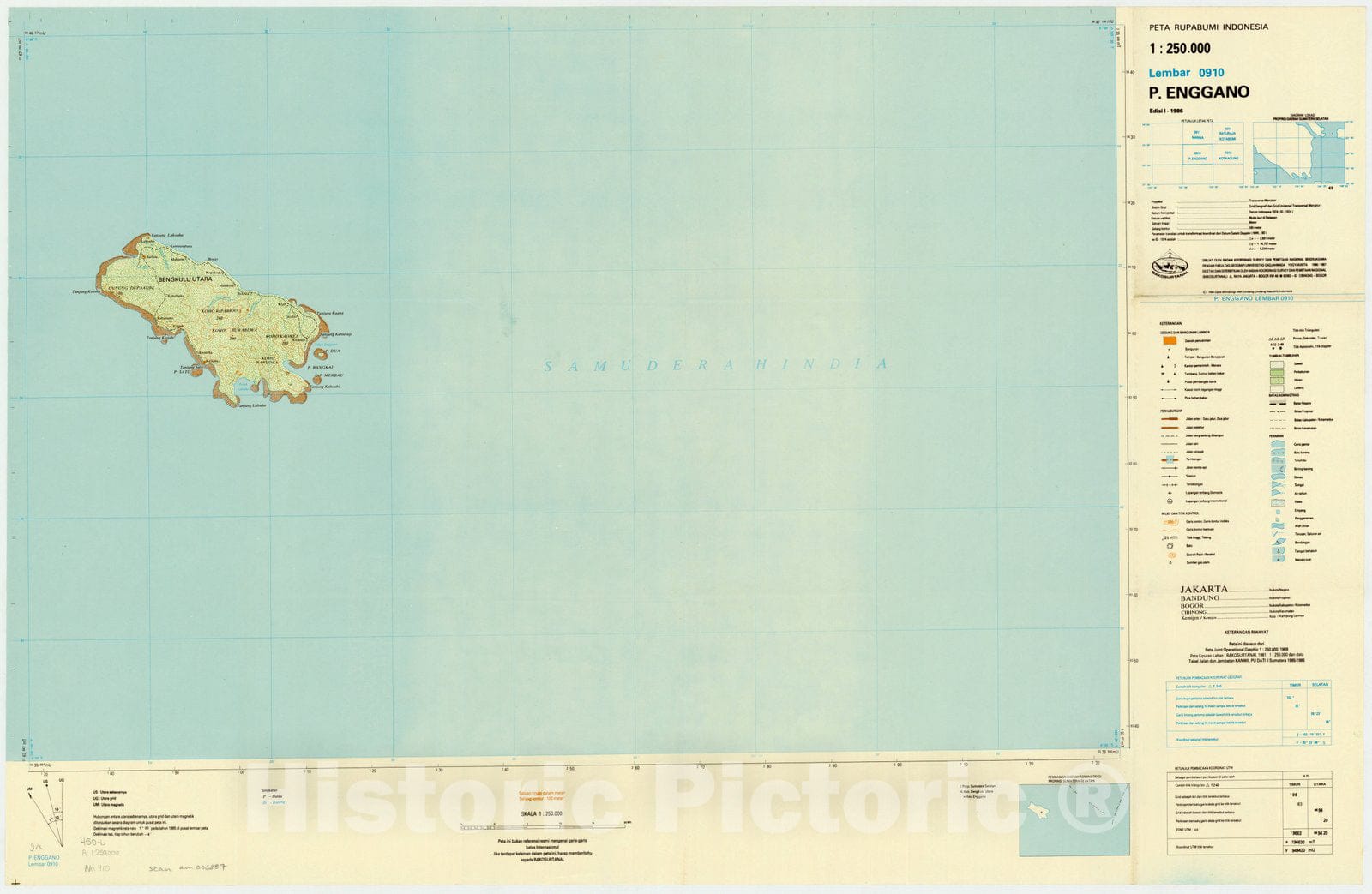 Map : P. Enggano, Indonesia 1985, Peta rupabumi Indonesia, 1:250,000 , Antique Vintage Reproduction