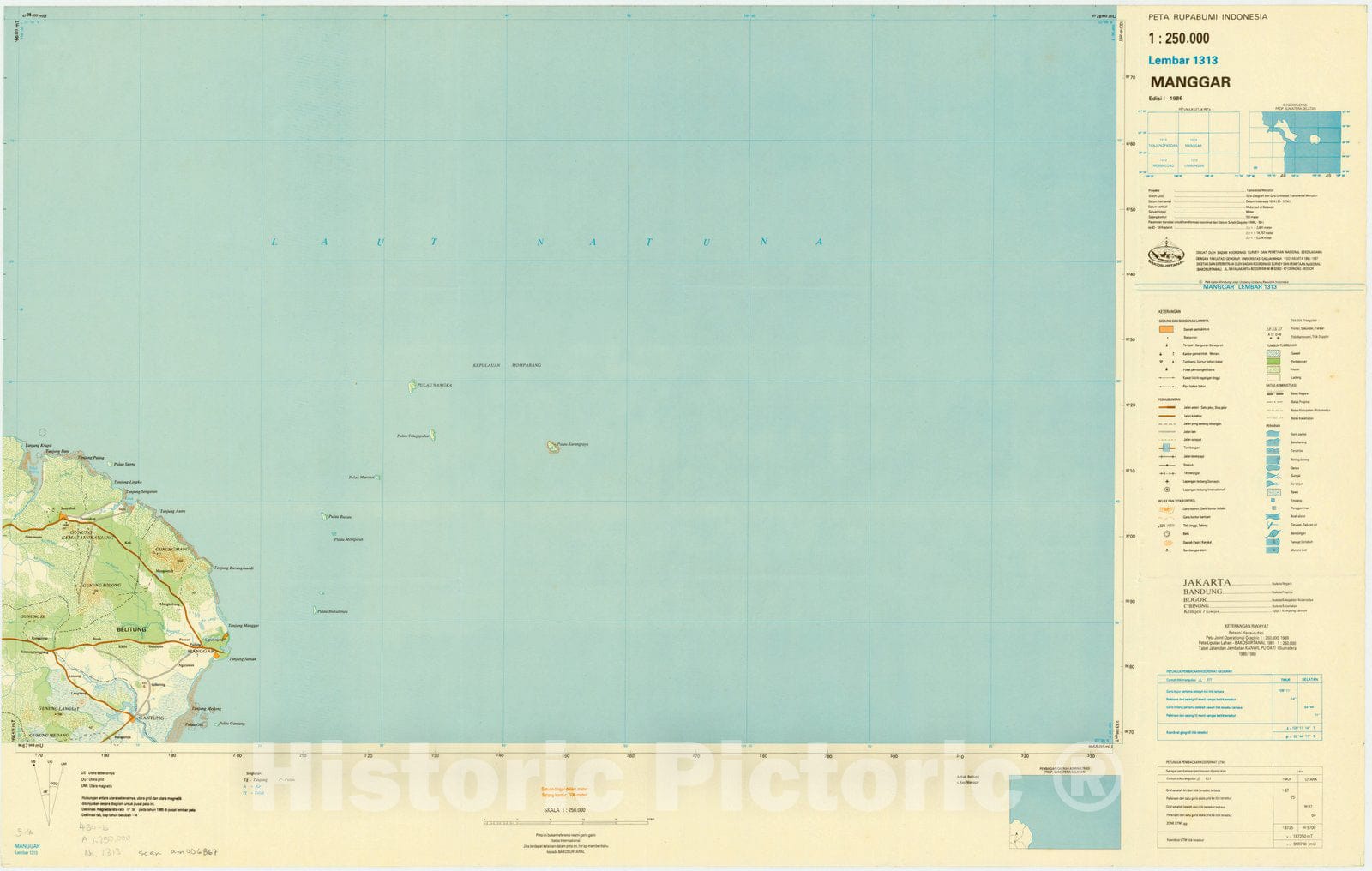 Map : Manggar, Indonesia 1985, Peta rupabumi Indonesia, 1:250,000 , Antique Vintage Reproduction