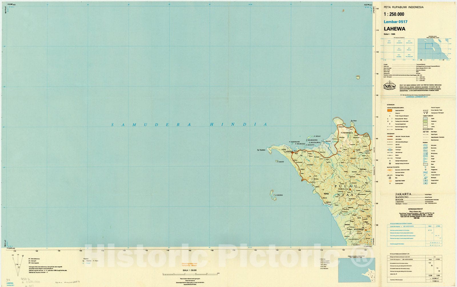 Map : Lahewa, Indonesia 1985, Peta rupabumi Indonesia, 1:250,000 , Antique Vintage Reproduction