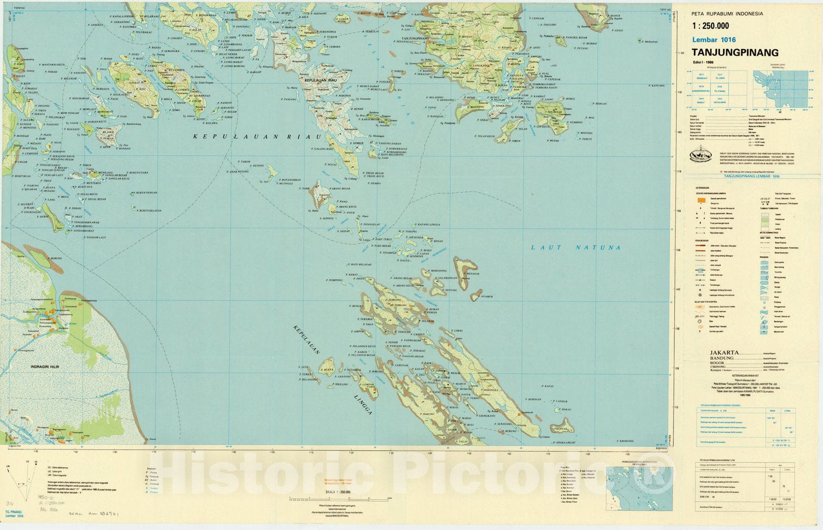 Map : Tanjungpinang, Indonesia 1986, Peta rupabumi Indonesia, 1:250,000 , Antique Vintage Reproduction