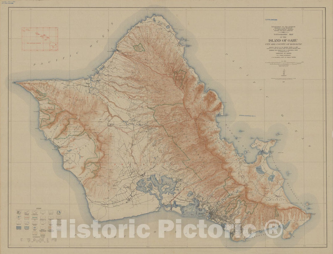 Map : Oahu (Hawaii) 1917, topographic map, Topographic map of the Island of Oahu : city and county of Honolulu, Hawaii , Antique Vintage Reproduction