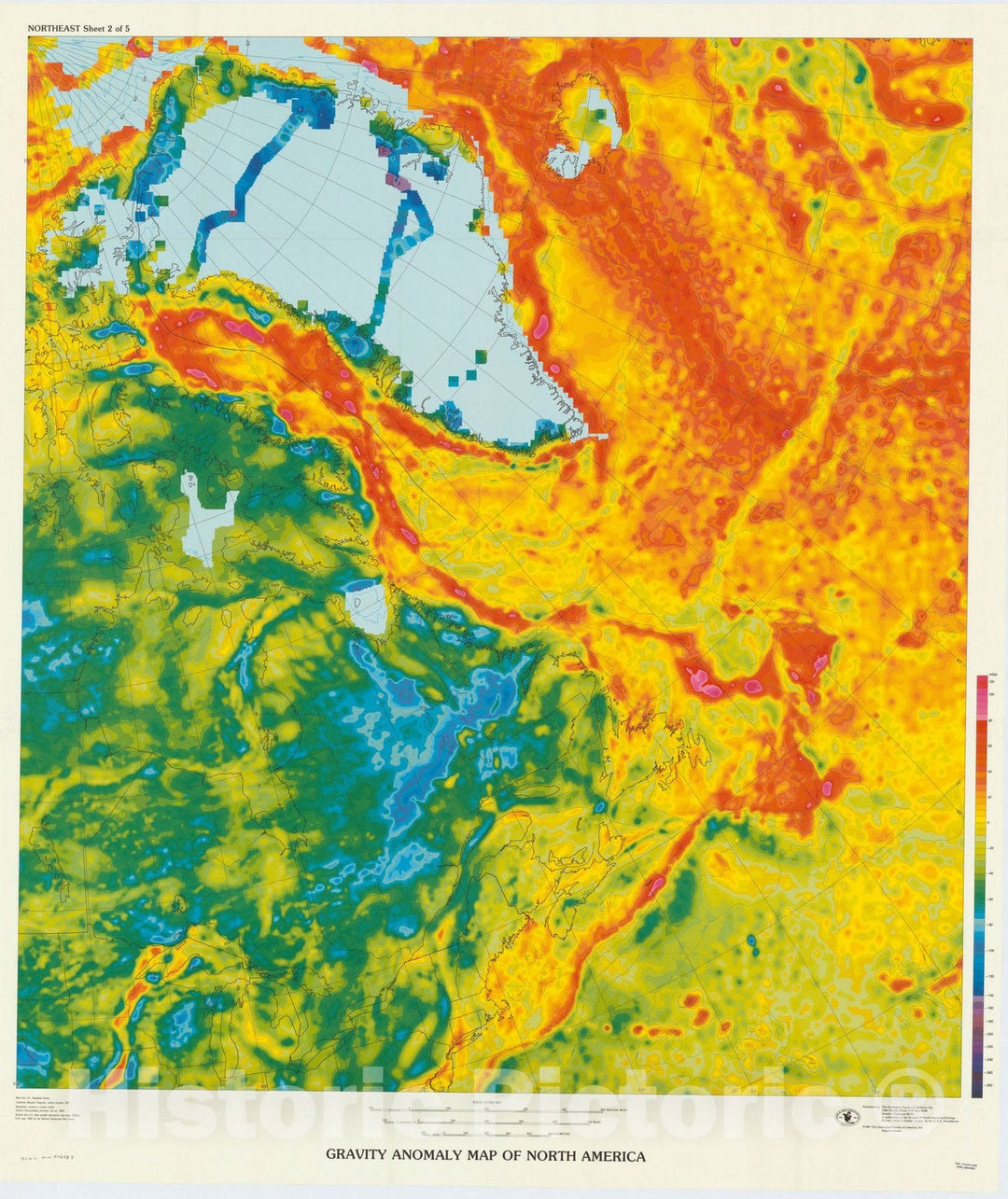Map : North America 1987 4, Gravity anomaly map of North America , Antique Vintage Reproduction