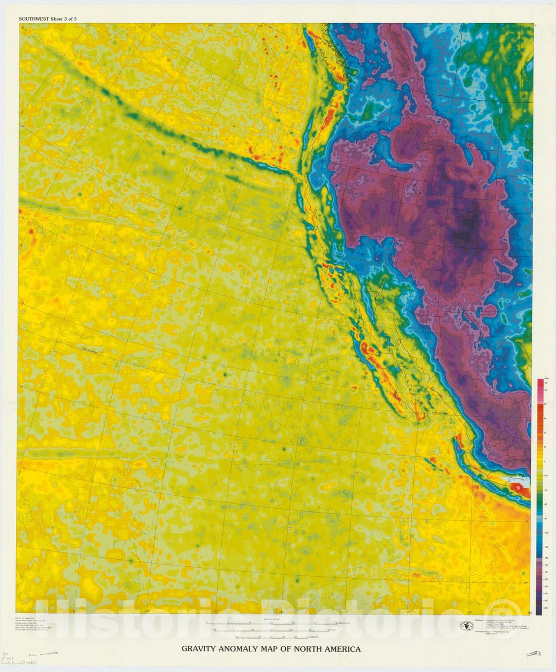 Map : North America 1987 1, Gravity anomaly map of North America , Antique Vintage Reproduction