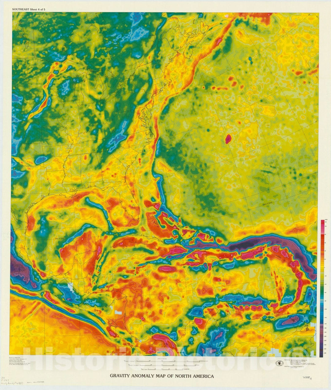 Map : North America 1987 2, Gravity anomaly map of North America , Antique Vintage Reproduction