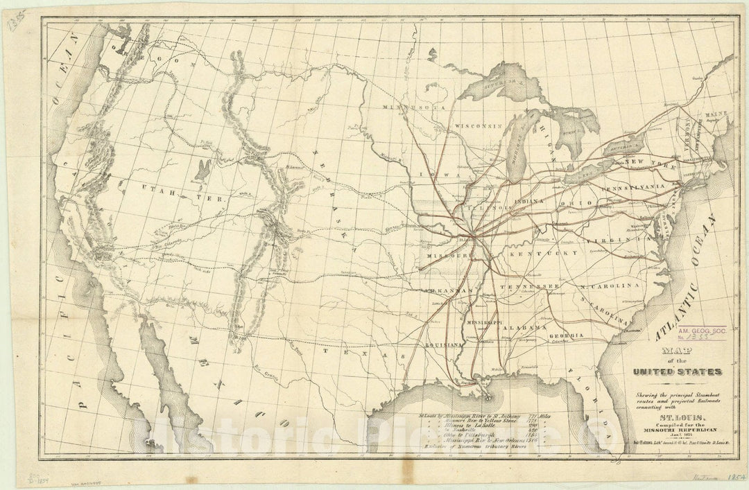 Historic Map : United States 1854, Map of the United States : shewing the principal steamboat routes and projected railroads connecting with St. Louis , Antique Vintage Reproduction