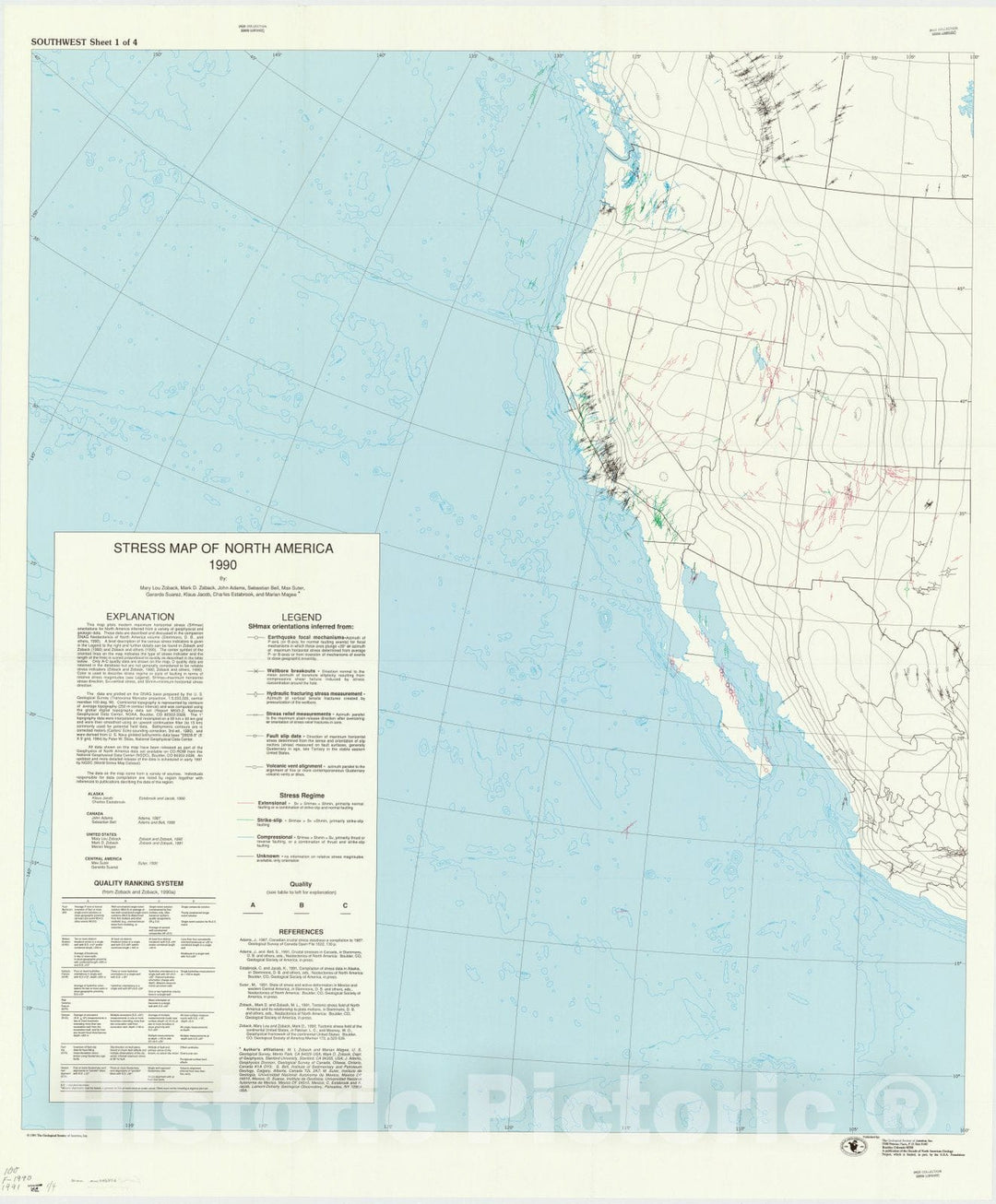 Map : North America 1991 4, Stress map of North America 1990 , Antique Vintage Reproduction