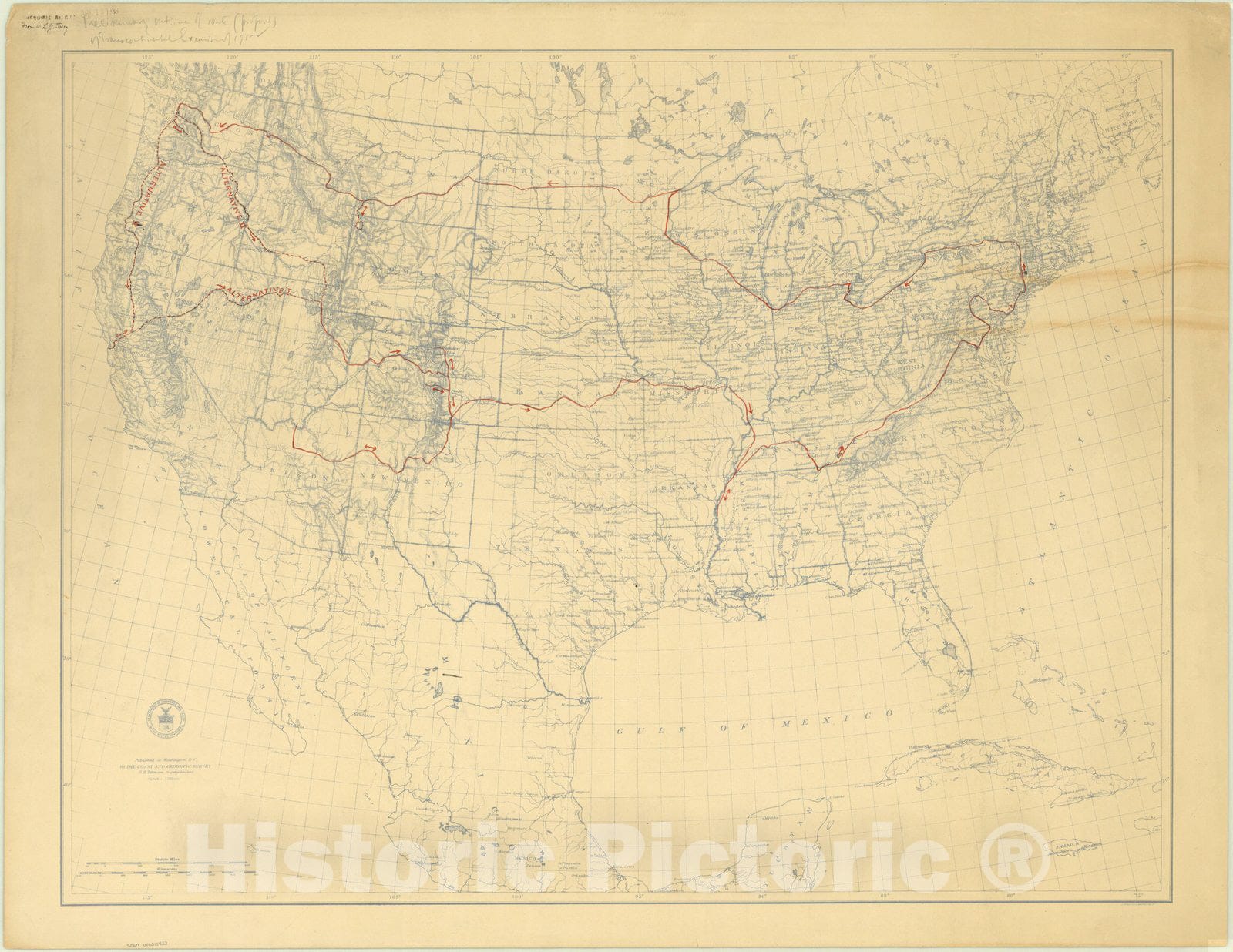 Map : United States 1912, [Preliminary outline of route (proposed) by Transcontinental Excursion 1912], Antique Vintage Reproduction