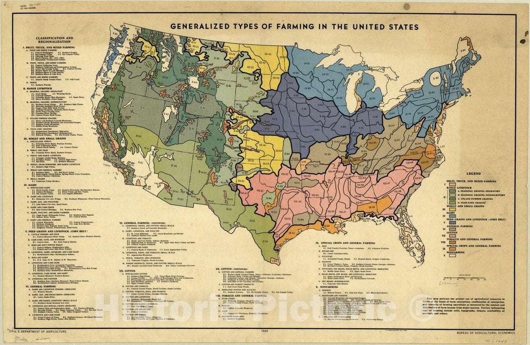 Map : United States 1949, Generalized types of farming in the United States , Antique Vintage Reproduction