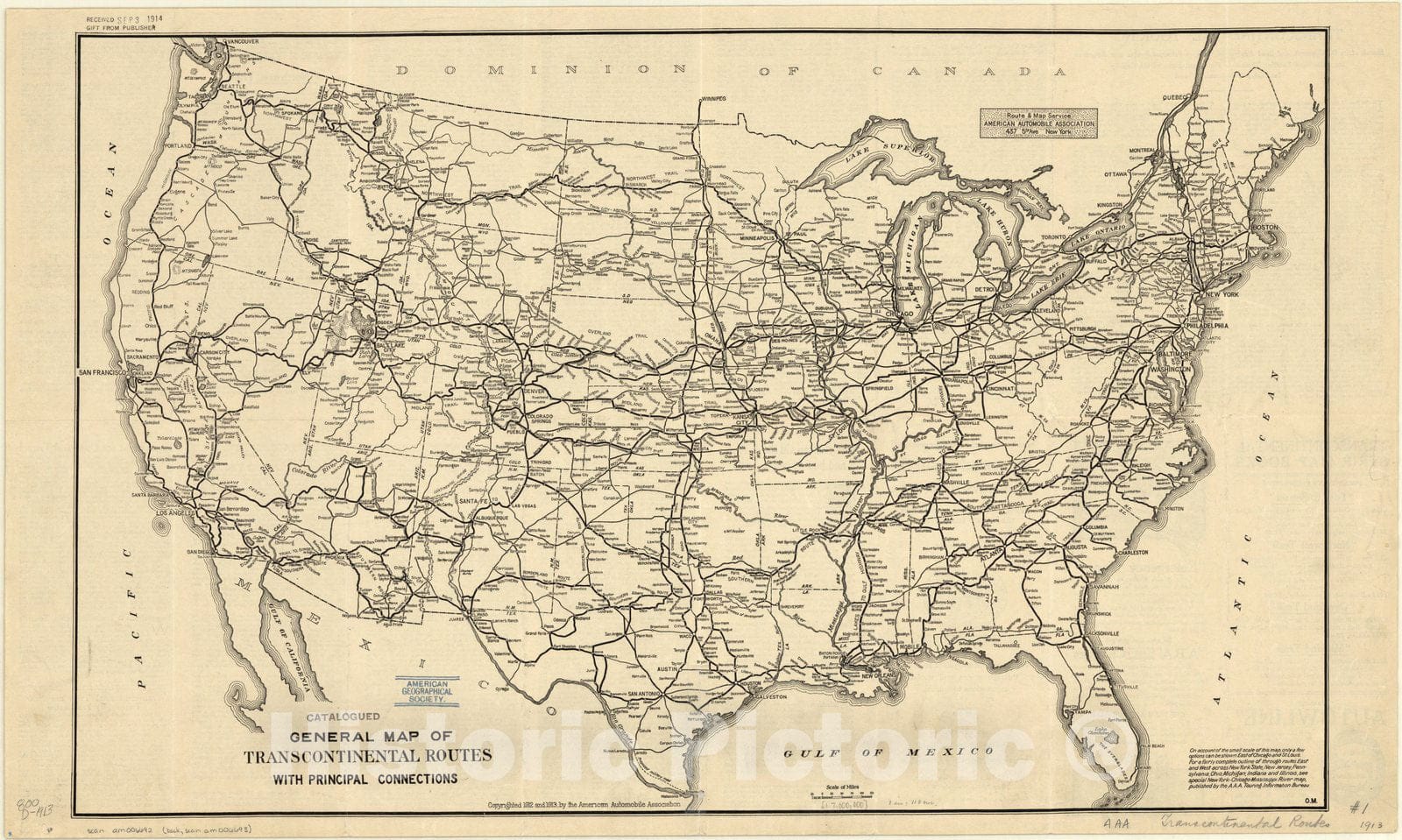 Map : United States 1919, General map of transcontinental routes with principal connections , Antique Vintage Reproduction