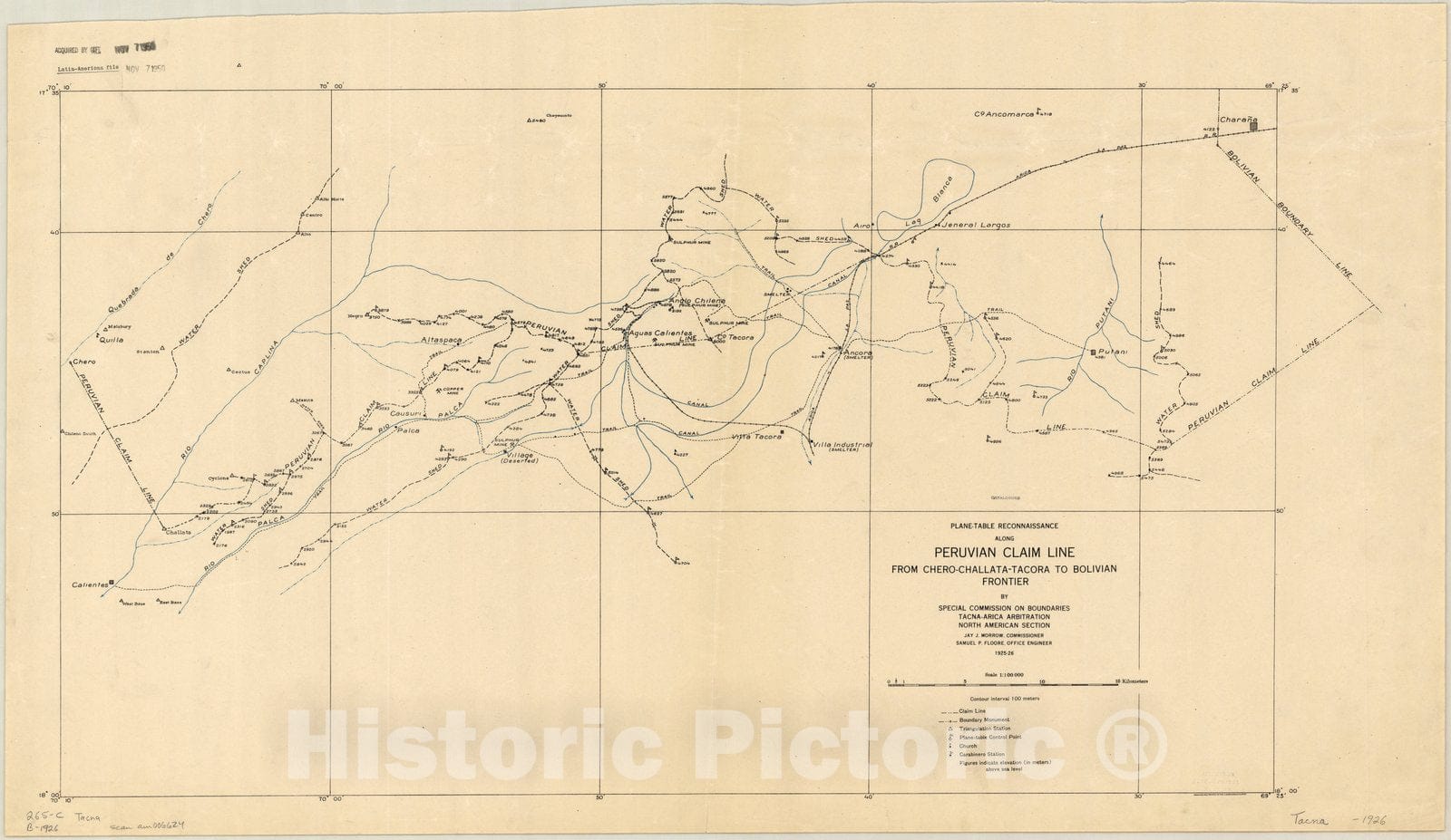 Map : Chile and Peru 1926, Plane-table reconnaissance along Peruvian claim line , Antique Vintage Reproduction