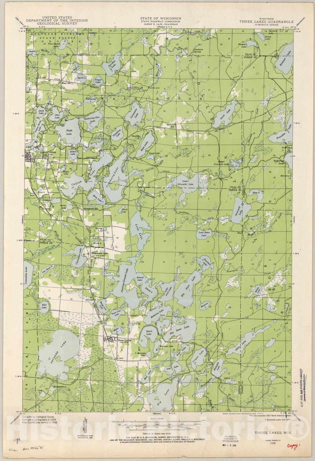 Map : Three Lakes, Wisconsin 1938, Three Lakes quadrangle, Wisconsin 15 minute series, Antique Vintage Reproduction