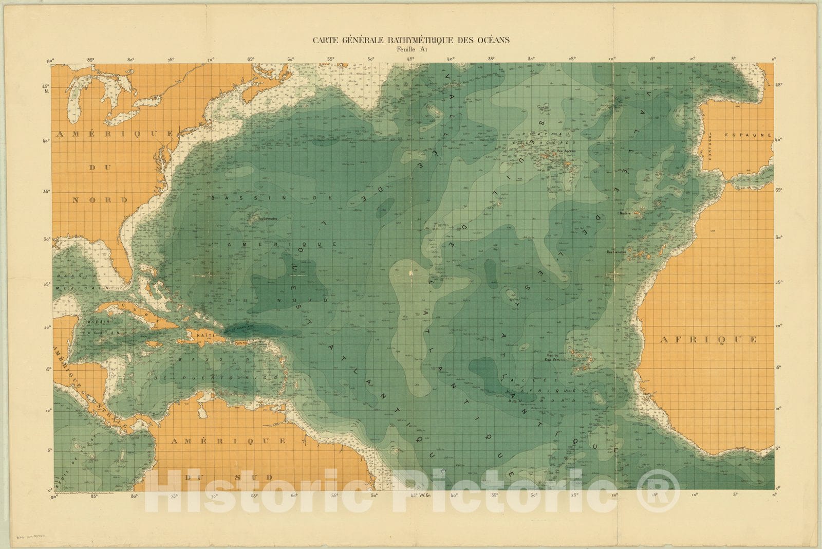 Map : Pacific ocean 1912, Carte General Bathymetrique des Oceans , Antique Vintage Reproduction