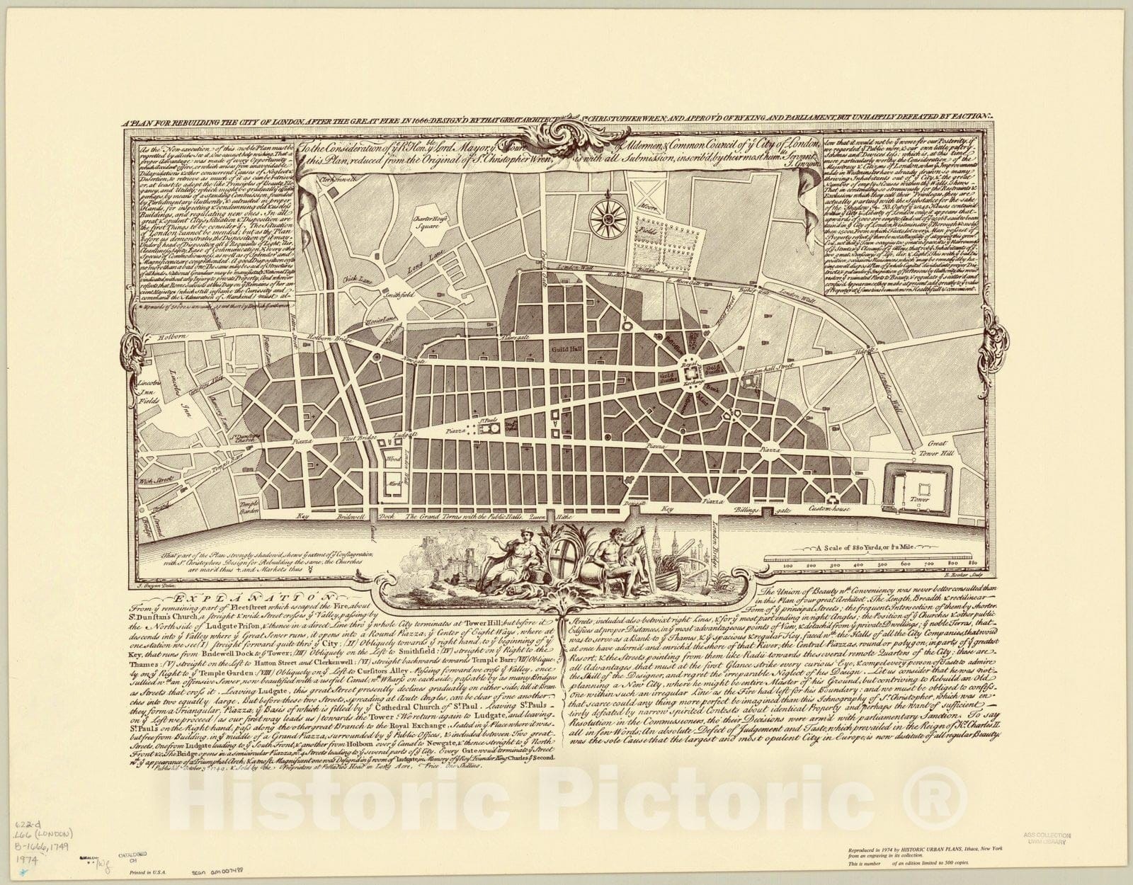 Map : London, England 1974, A plan for rebuilding the city of London, after the great fire in 1666 , Antique Vintage Reproduction