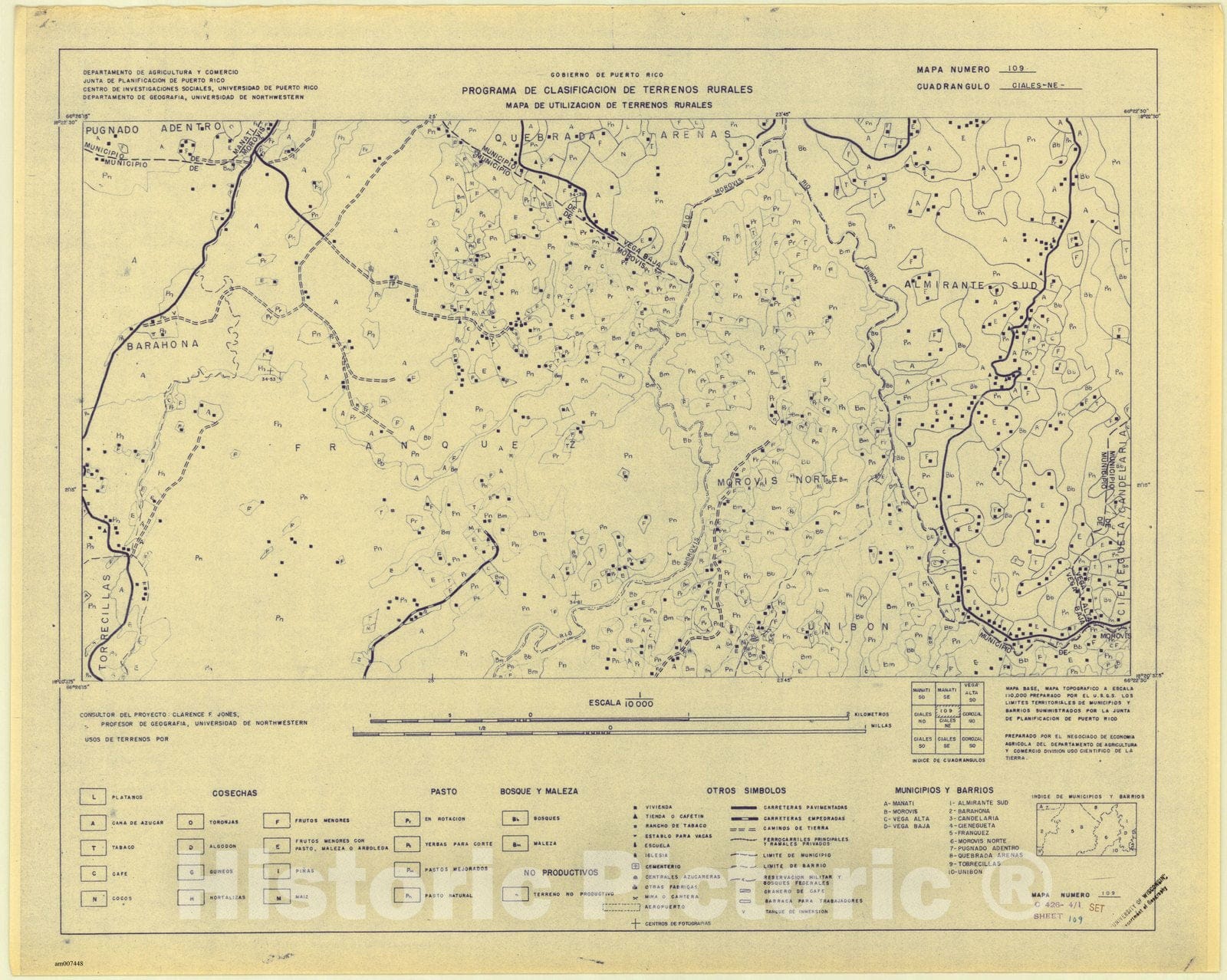 Map : Ciales, Puerto Rico 1950, Cuadrangulo Ciales NE. Mapa de utilizacion de terrenos rurales , Antique Vintage Reproduction