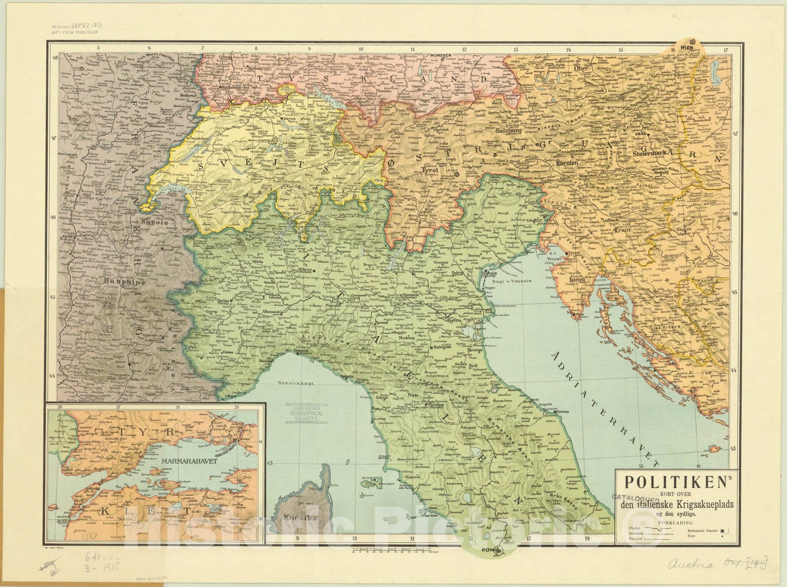 Map : Italy 1915, Politiken kort over den italienske Krigsskueplads og den sydlige, Antique Vintage Reproduction