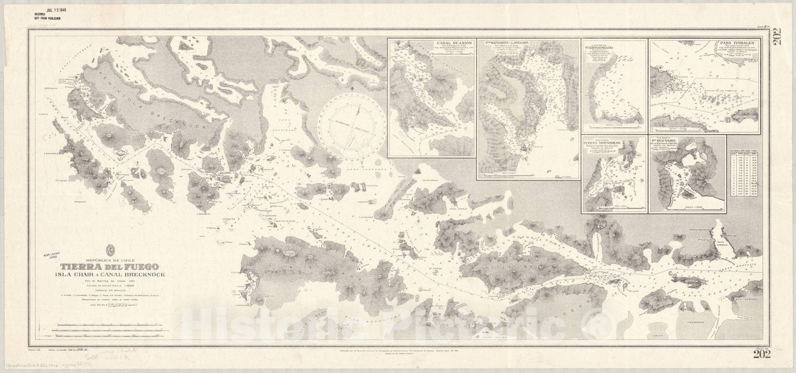 Map : Tierra del Fuego 1946, Republica de Chile, Tierra del Fuego, Isla Chair a Canal Brecknock , Antique Vintage Reproduction