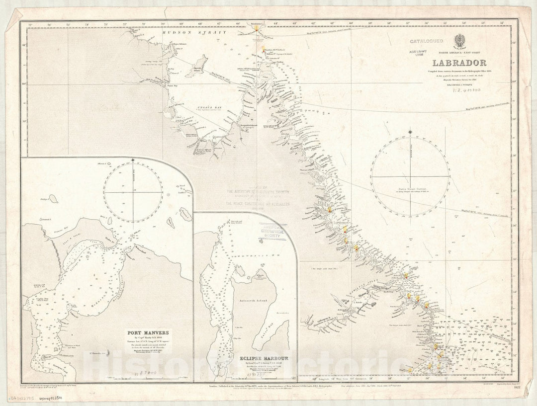 Map : Labrador, Newfoundland and Labrador 1915, North America, east coast, Labrador , Antique Vintage Reproduction