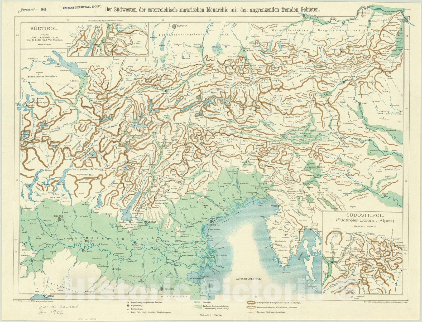 Map : Austria and Hungary 1906, Der Sudwesten der osterreichisch-ungarischen Monarchie mit den angrenzenden fremden Gebieten , Antique Vintage Reproduction