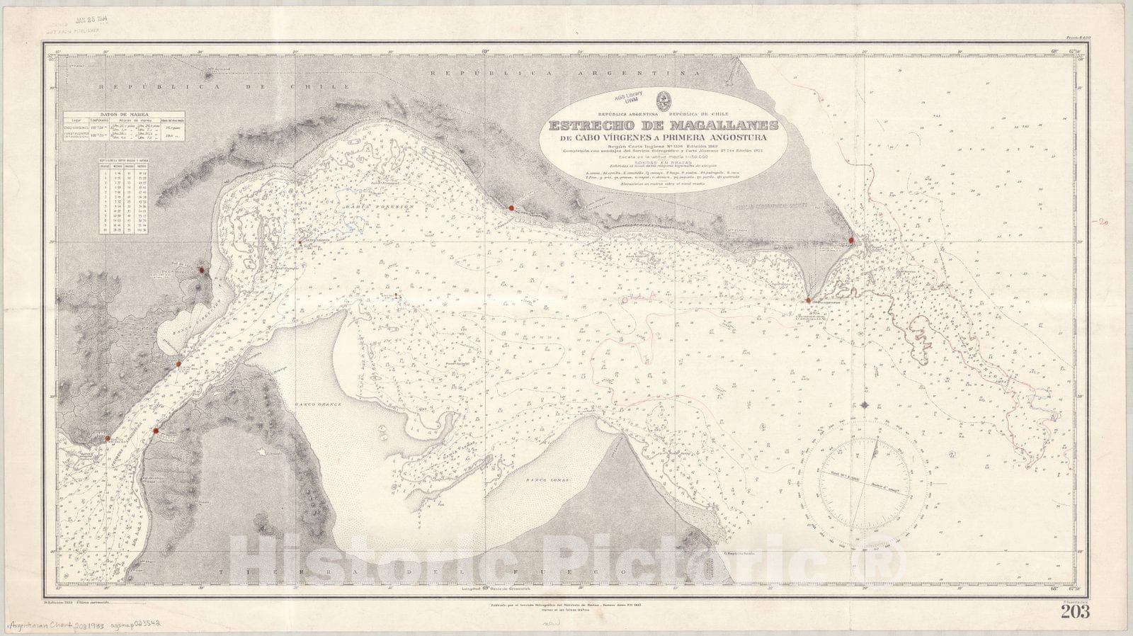 Map : Strait of Magellan 1933, Republica Argentina, Republica de Chile, Estrecho de Magallanes, de Cabo Virgenes a Primera Angostura , Antique Vintage Reproduction