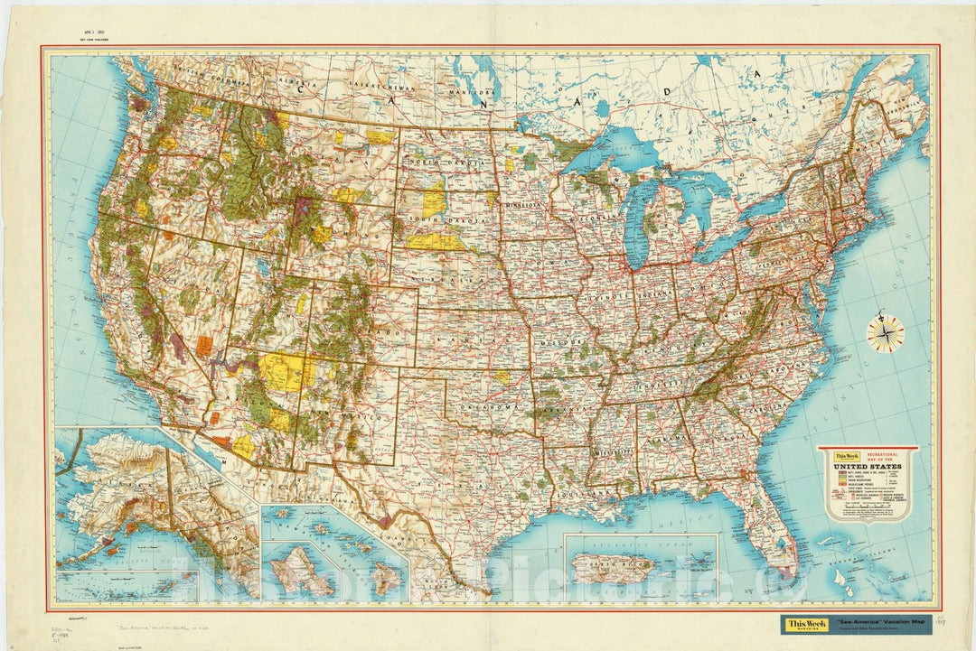 Map : United States 1959, Recreational map of the United States , Antique Vintage Reproduction