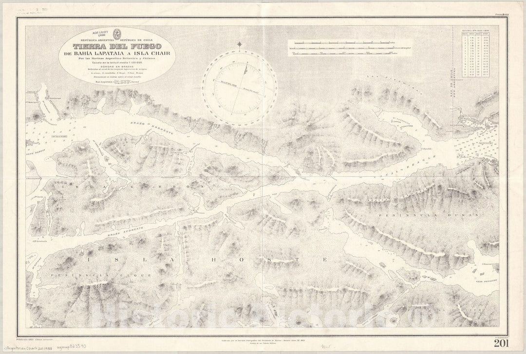 Map : Tierra del Fuego 1933, Republica Argentina, Republica de Chile, Tierra del Fuego, de Bahia Lapataia a Isla Chair , Antique Vintage Reproduction