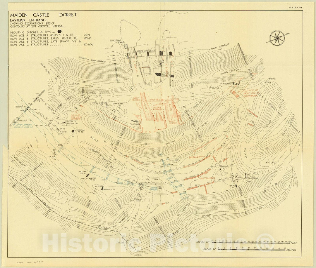 Map : Miaden Castle Dorset, England 1943, Maiden Castle Dorset, eastern entrance showing excavations 1935-7 plate CXIX, Antique Vintage Reproduction