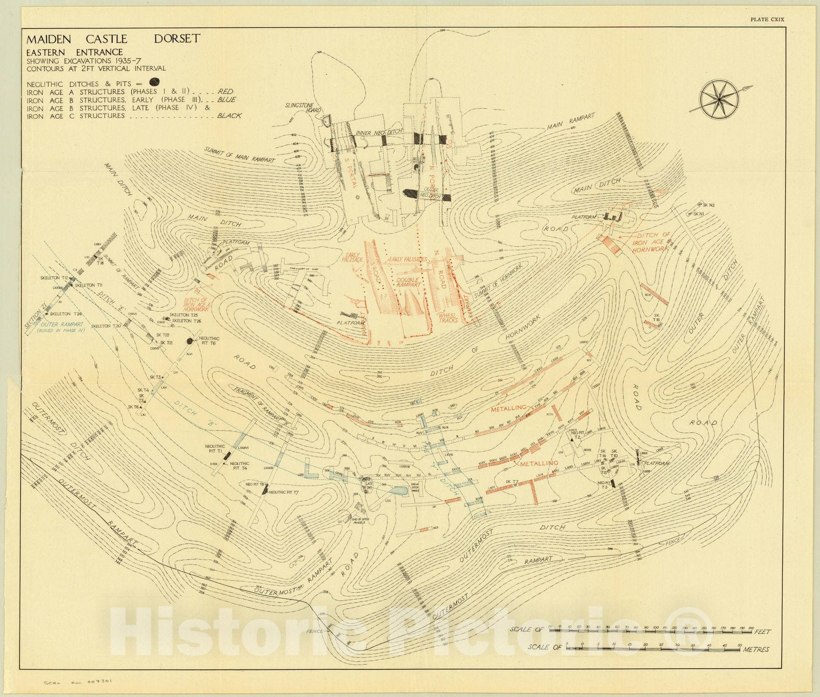 Map : Miaden Castle Dorset, England 1943, Maiden Castle Dorset, eastern entrance showing excavations 1935-7 plate CXIX, Antique Vintage Reproduction