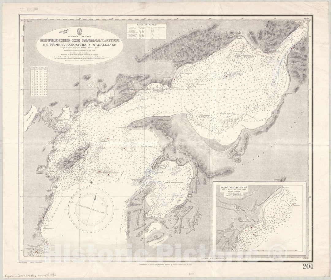 Map : Strait of Magellan 1935, Republica Argentina, Republica de Chile, Estrecho de Magallanes, de Cabo Virgenes a Primera Angostura , Antique Vintage Reproduction