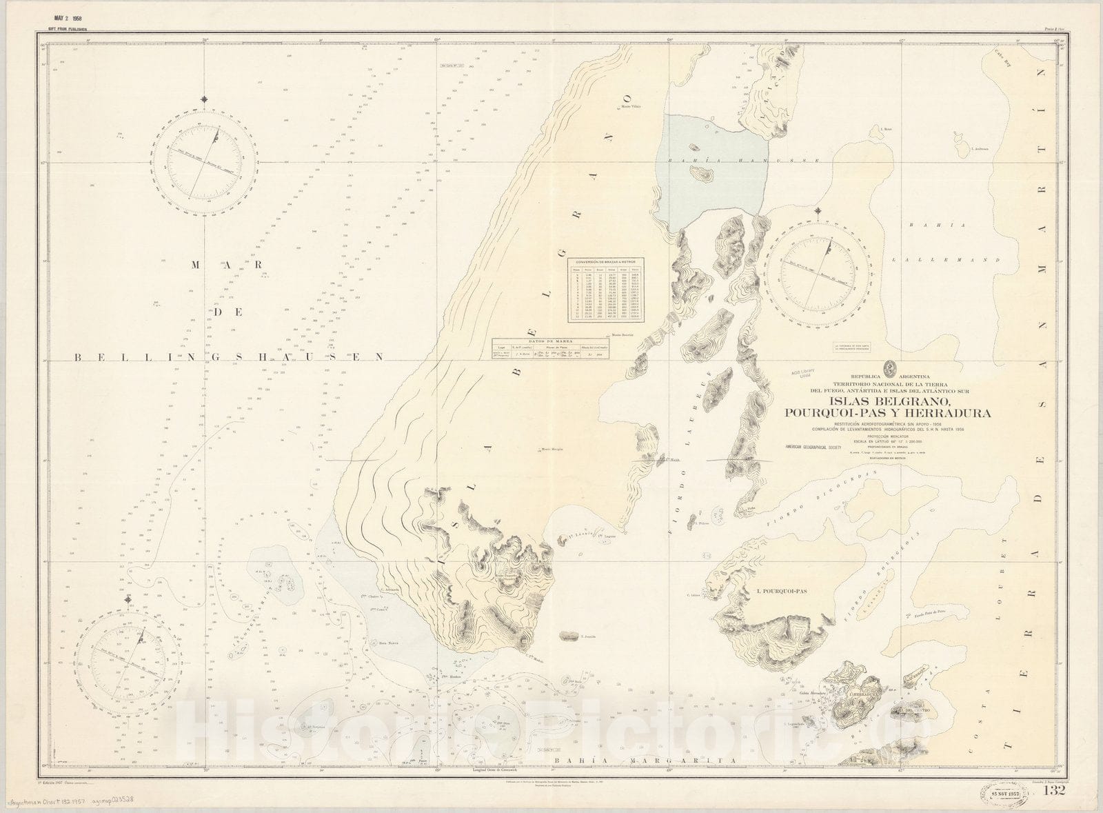 Map : Palmer Land 1957, Republica Argentina, Territorio Nacional de la Tierra del Fuego, Antartida e Islas del Atlantico Sur, Islas Belgrano, Pourquoi-Pas y Herradura