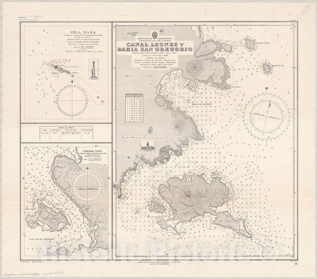 Map : San Gregorio Bay, Argentina 1926, Republica Argentina, Gobernacio del Chubut, Canal Leones y Bahia San Gregorio , Antique Vintage Reproduction