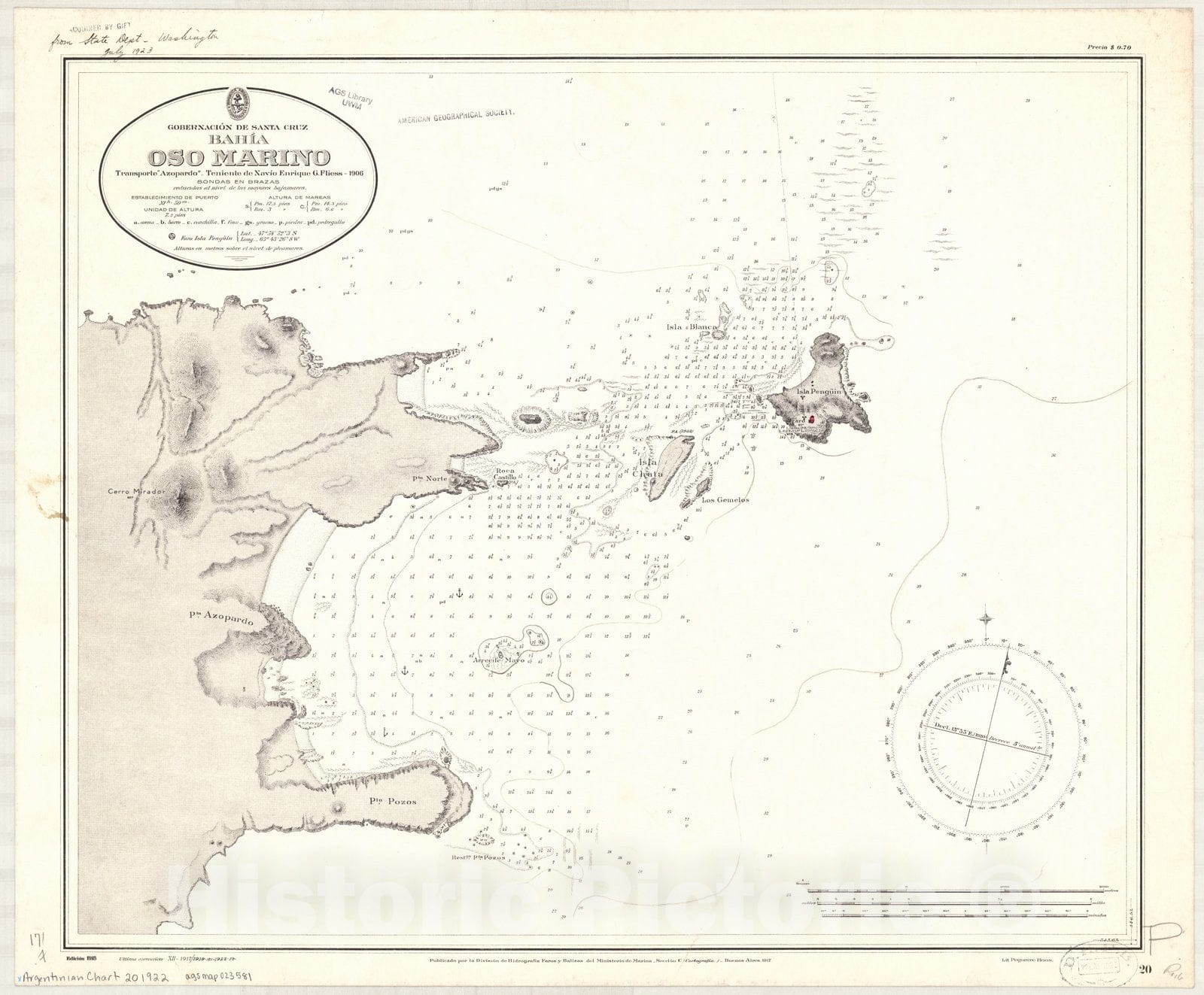 Map : Bahia Oso Marino, Argentina 1922, Gobernacion de Santa Cruz, Bahia Oso Marino , Antique Vintage Reproduction