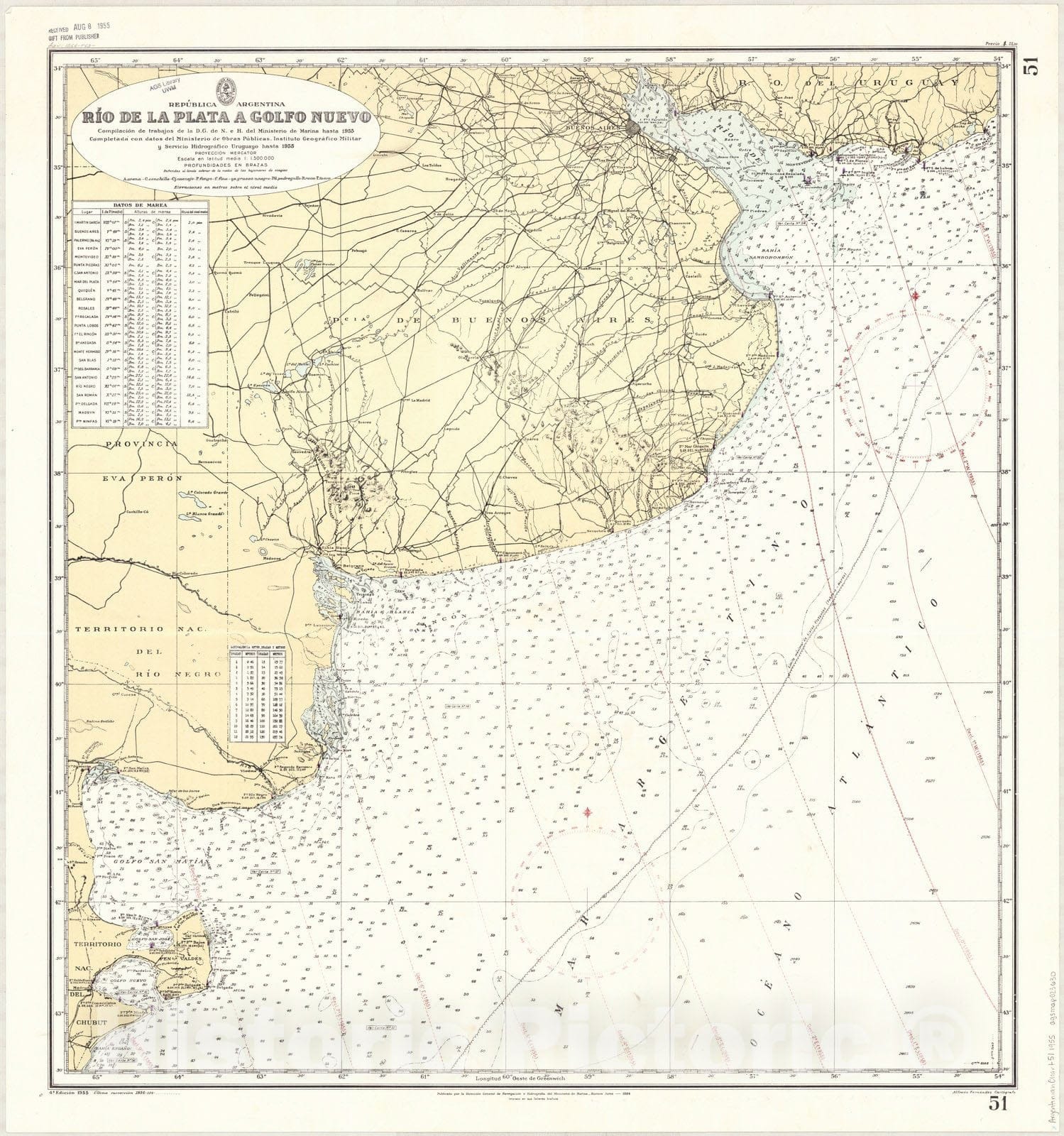 Map : Rio de la Plata, Argentina 1955, Republica Argentina, Rio de la Plata a Golfo Nuevo , Antique Vintage Reproduction