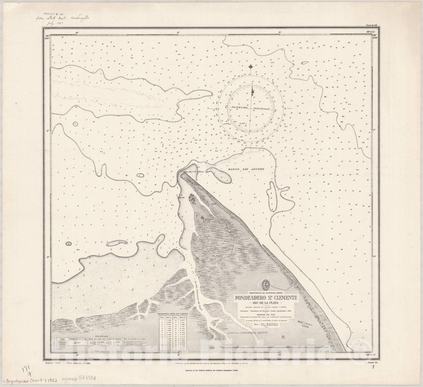 Map : Rio de la Plata, Argentina 1922, Provincia de Buenos Aires, Fondeadero Sn. Clemente, Rio de la Plata , Antique Vintage Reproduction