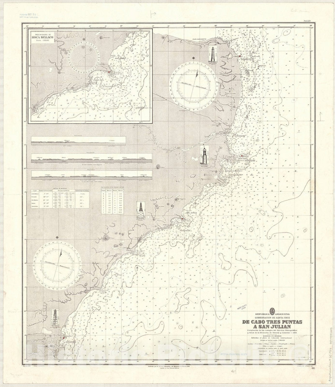 Map : Puerto Deseado, Argentina 1926, Republica Argentina, Gobernacion de Santa Cruz, de Cabo Tres Puntas a San Julian , Antique Vintage Reproduction